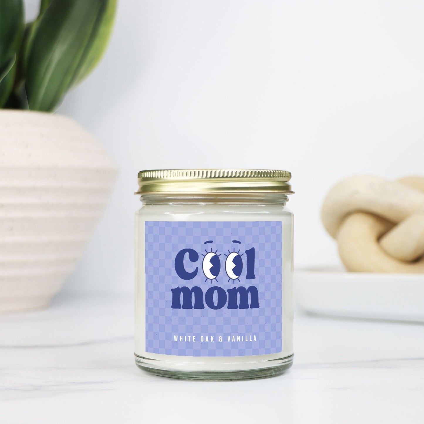 Cool Mom Coconut Soy Wax Blend Candle in Fun Periwinkle Checkered Pattern for the Trendy Mom