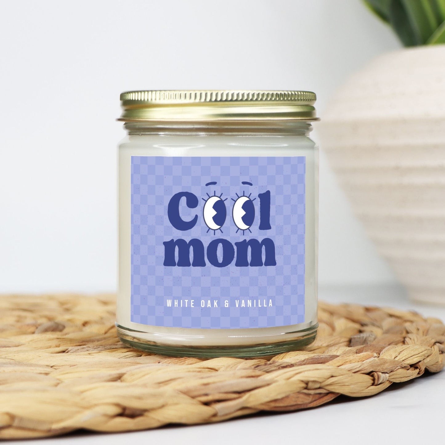 Cool Mom Coconut Soy Wax Blend Candle in Fun Periwinkle Checkered Pattern for the Trendy Mom