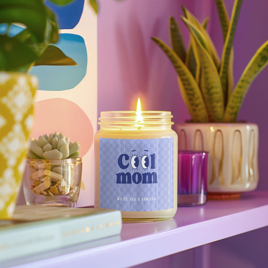 Cool Mom Coconut Soy Wax Blend Candle in Fun Periwinkle Checkered Pattern for the Trendy Mom